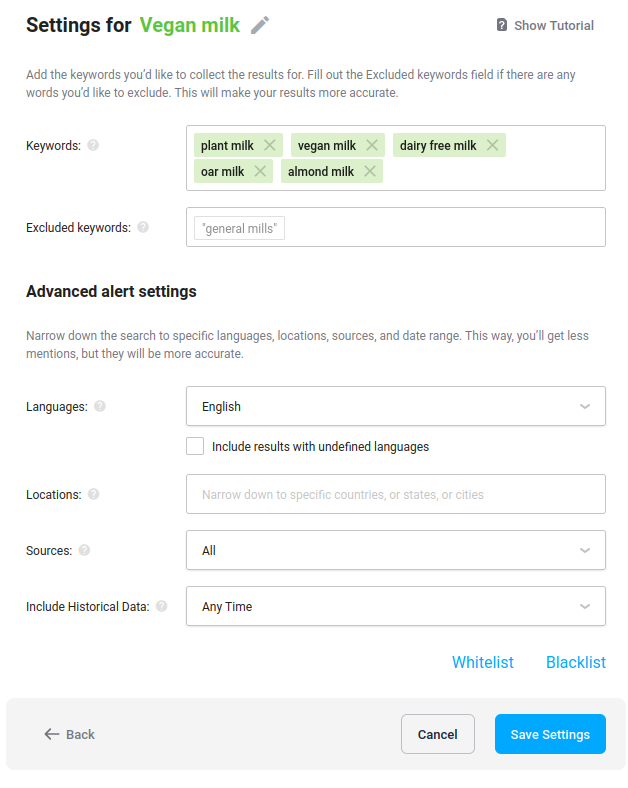 Awario settings for market research